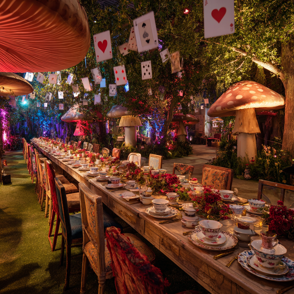 Dining table set for a themed event with Alice in Wonderland decorations, including oversized mushrooms and playing card elements.