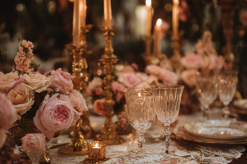 Elegant table setting with floral arrangements, candles, and vintage plates.